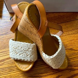 American Eagle wedge sandal with detailed crochet strap